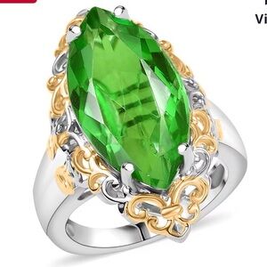 EverTrue Chartreuse Quartz Art Deco Ring in 18K YG Plated and Platinum 10.60ctw